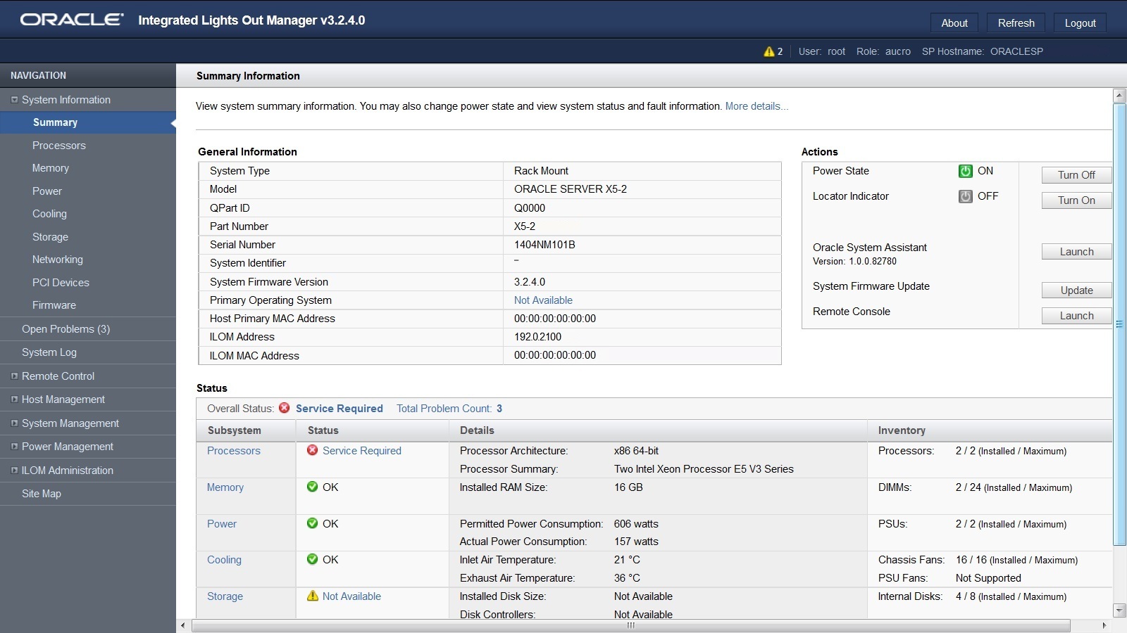 image:Ce graphique montre l'écran Oracle ILOM System Information Summary.