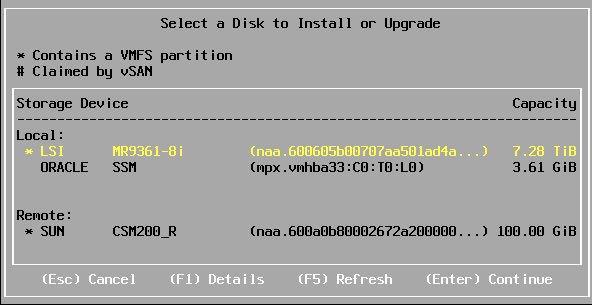 image:Capture de l'écran répertoriant les cibles d'installation ESXi.