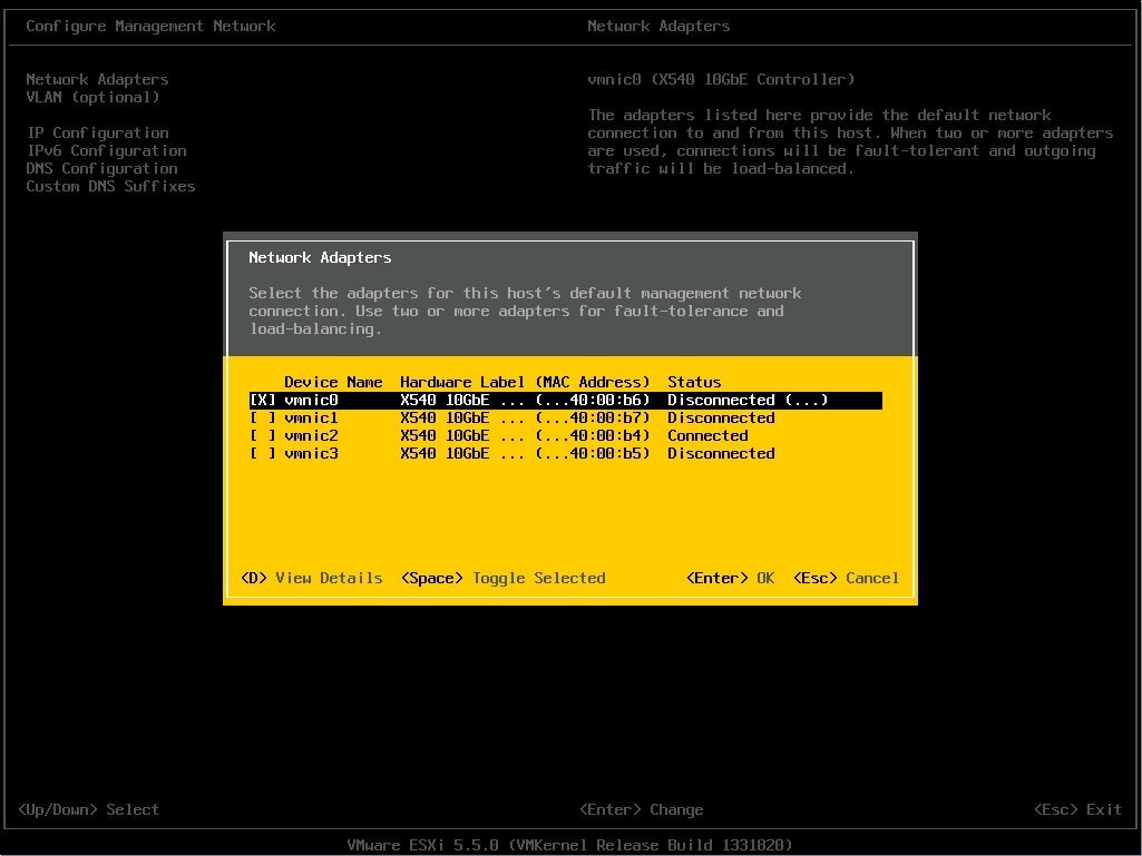 image:Boîte de dialogue Network Adapters d'ESXi