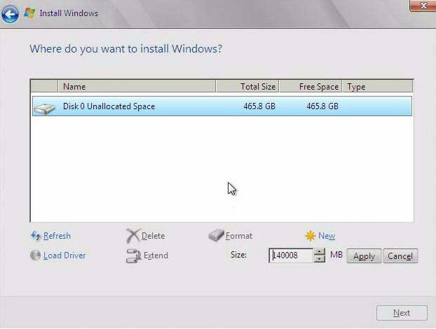 image:Pantalla Where do you want to Install Windows? (¿Dónde desea instalar Windows?).