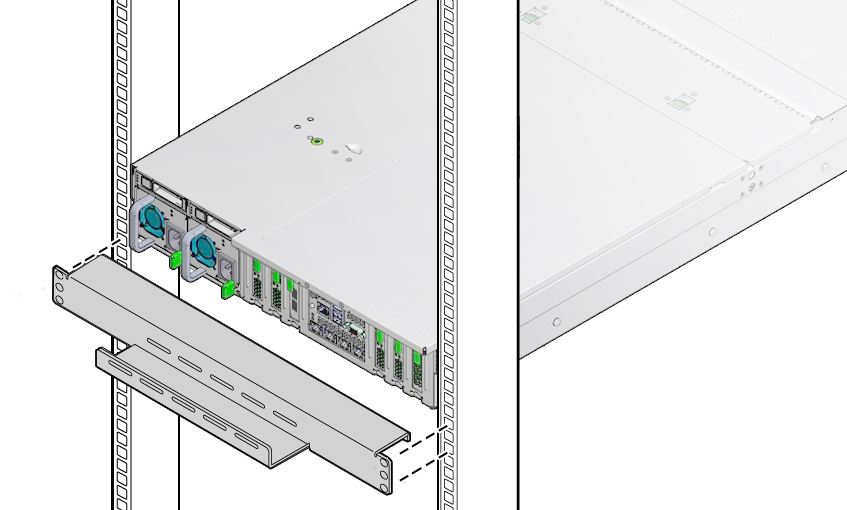 image:この図は、ケーブル溝付き出荷用留め具をサーバーの下に配置する方法を示しています。