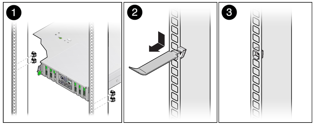 image:この図は、角穴 RETMA ラックにケージナットを取り付ける方法を示しています。