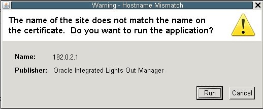 image:Oracle ILOM の「Hostname Mismatch」警告ダイアログを示す図。