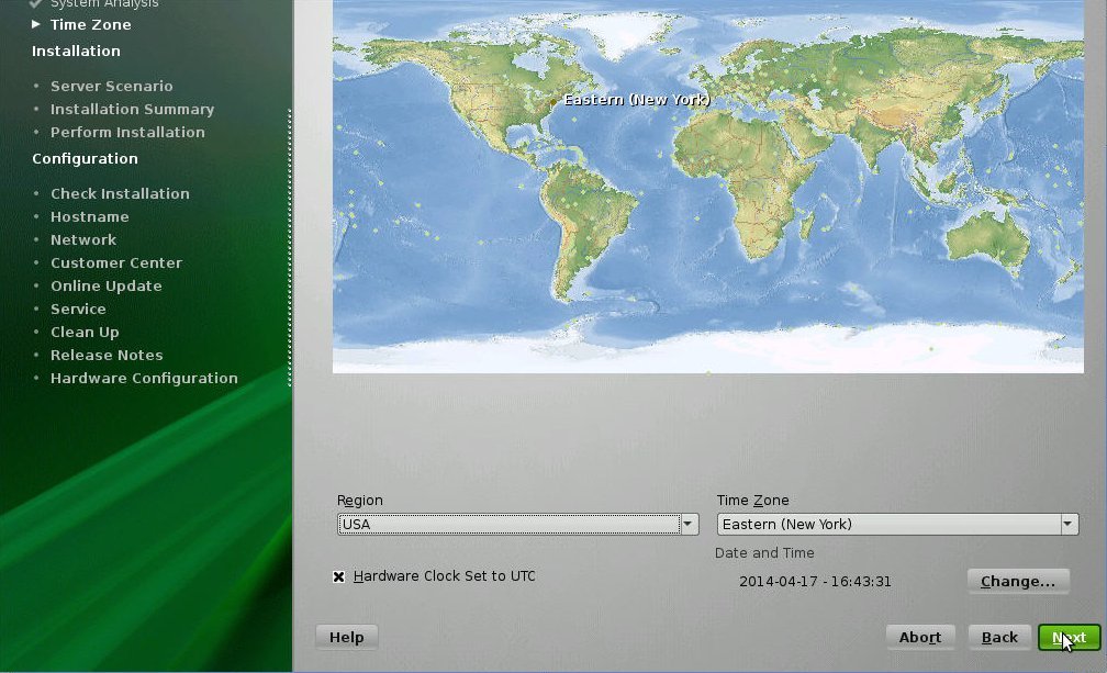 image:SUSE の「Clock and Time Zone」画面。