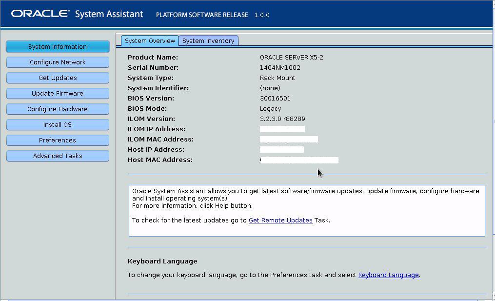 image:「Oracle System Assistant System Overview」画面。