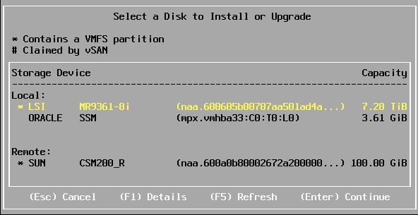 image:ESXi のインストール先を示す画面。