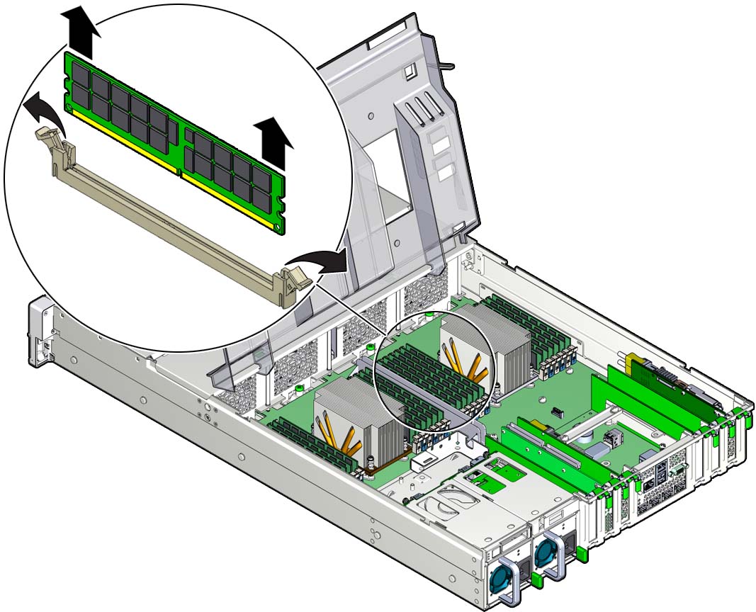 image:サーバーから取り外されるメモリー DIMM を示す図。