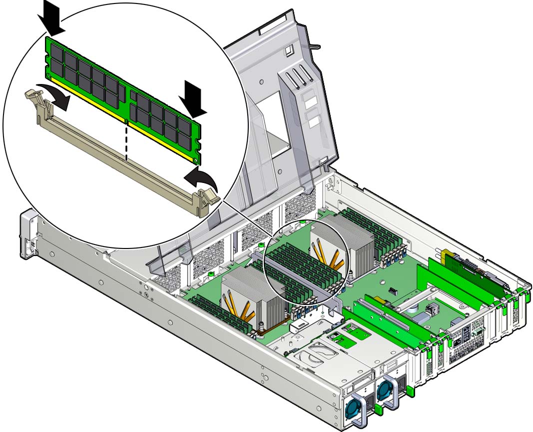 image:サーバーに取り付けられるメモリー DIMM を示す図。