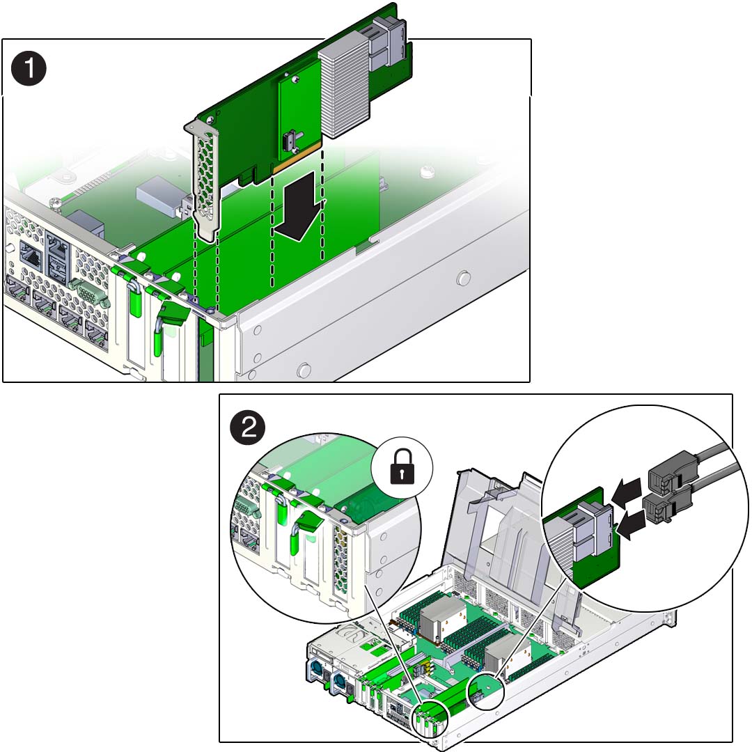 image:サーバーに取り付けられる PCIe カードを示す図。
