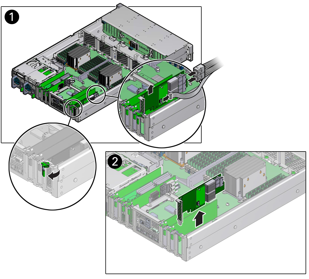 image:サーバーから取り外される Oracle Storage 12 Gb/s SAS PCIe RAID HBA カードを示す図。