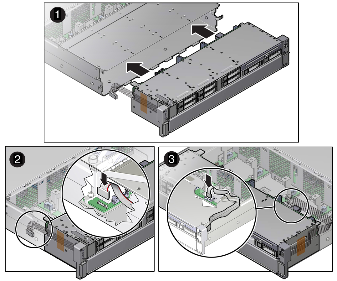 image:サーバーシャーシへのディスクケージ構成部品の取り付けを示す図。