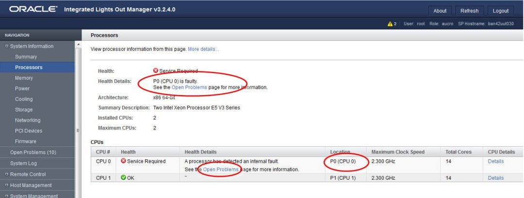 image:Oracle ILOM の「Processors」画面を示すスクリーンショット。
