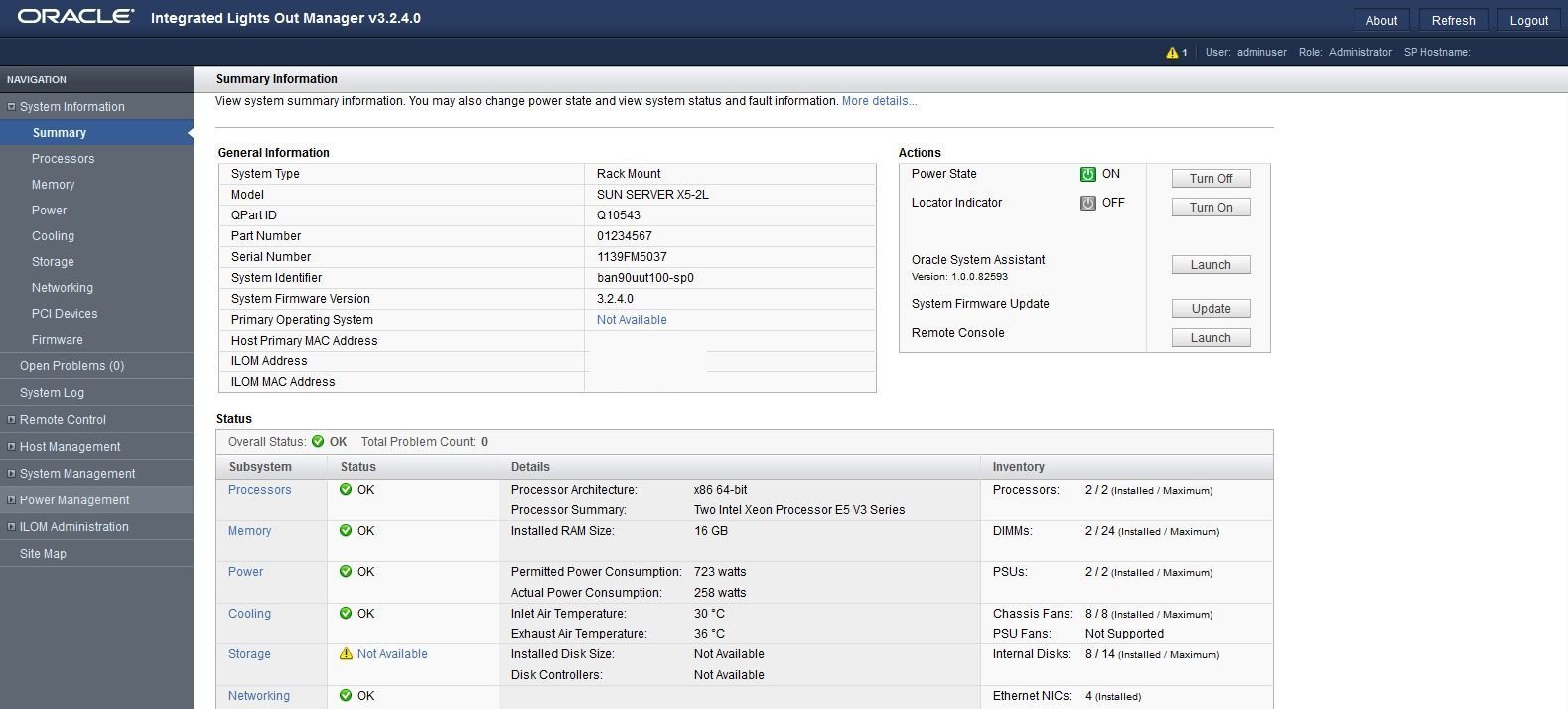 image:Oracle ILOM “System Summary“ 屏幕。