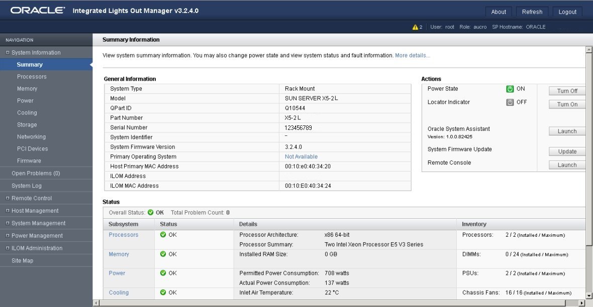 image:此图显示了 Oracle ILOM “System Information Summary“ 页面。