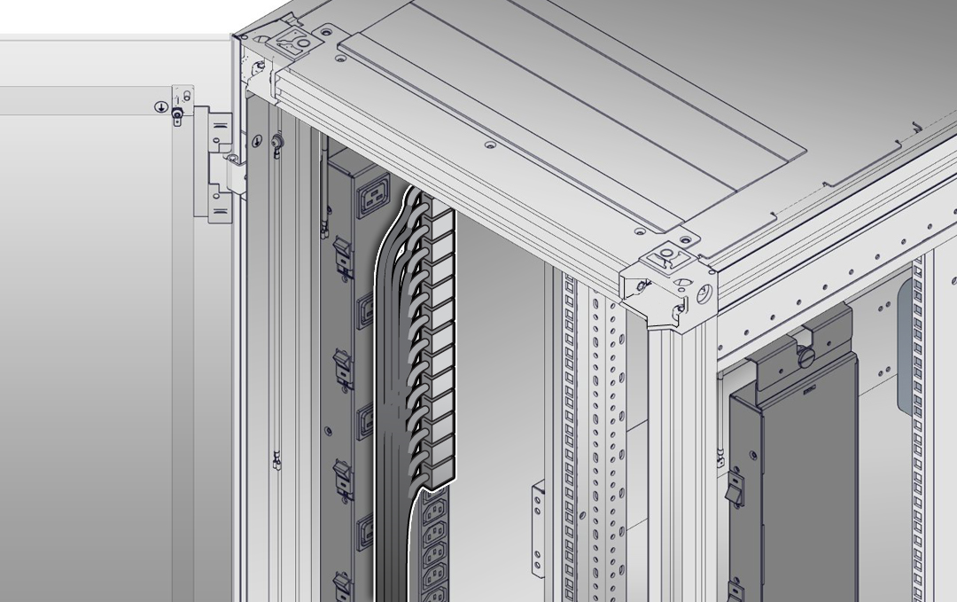 image:图中显示了 Sun Rack II 1042 中安装的直角 AC 电源线。