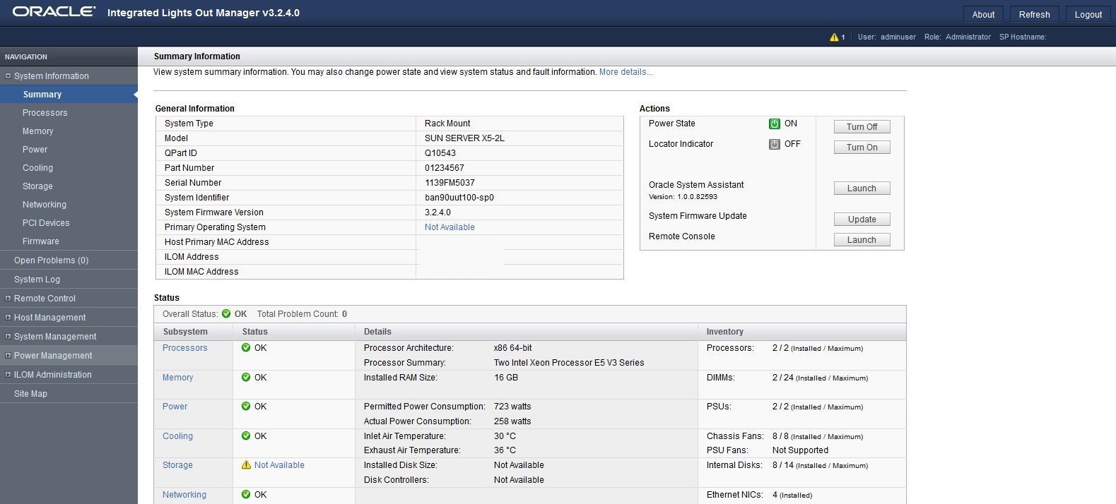 image:Oracle ILOM 웹 인터페이스 화면입니다.