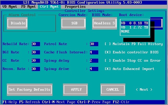 image:Image présentant l'écran LSI MegaRAID Utility Virtual Drives.