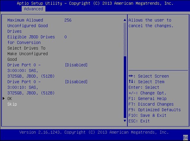 image:Pantalla de omisión de conversión a JBOD de la utilidad de configuración de Human Interface Interaction de LSI
