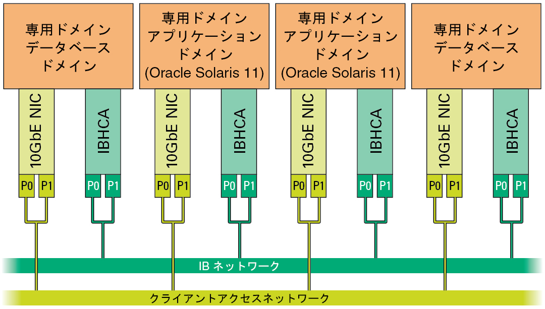 image:10GbE および IB ネットワークへの専用ドメインの接続を示す図。