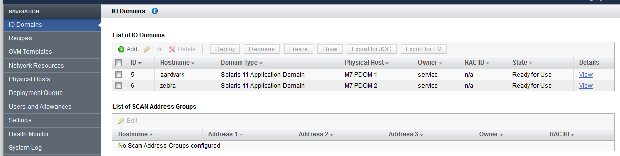 image:A screen shot showing the I/O Domain page.