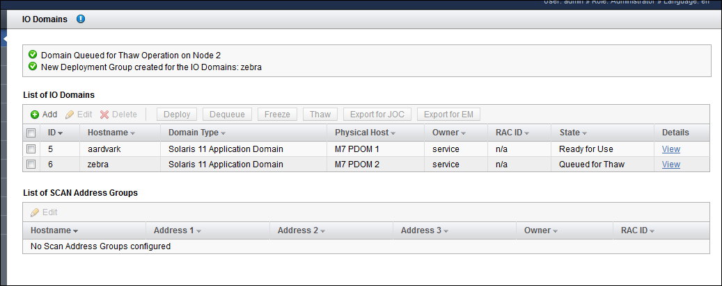 image:A screen shot showing the I/O Domain page when a thaw operation is                             being performed.