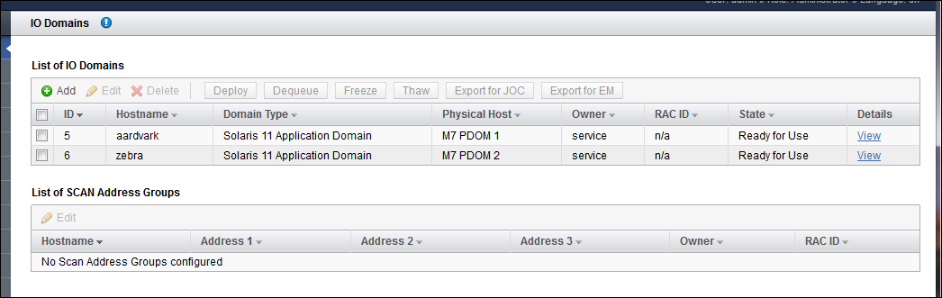 image:A screen shot showing the I/O Domain page when a thaw operation is                             complete.