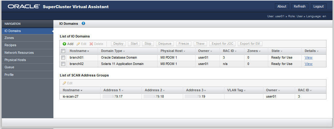 image:A screen shot showing I/O Domains screen for non-administrators.