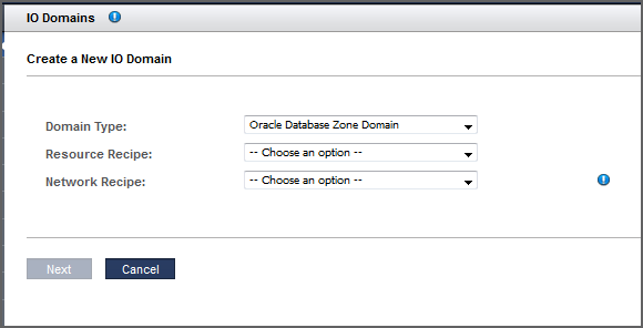 image:A screen shot showing the initial I/O Domain Add menu with Database Zone Domain selected.