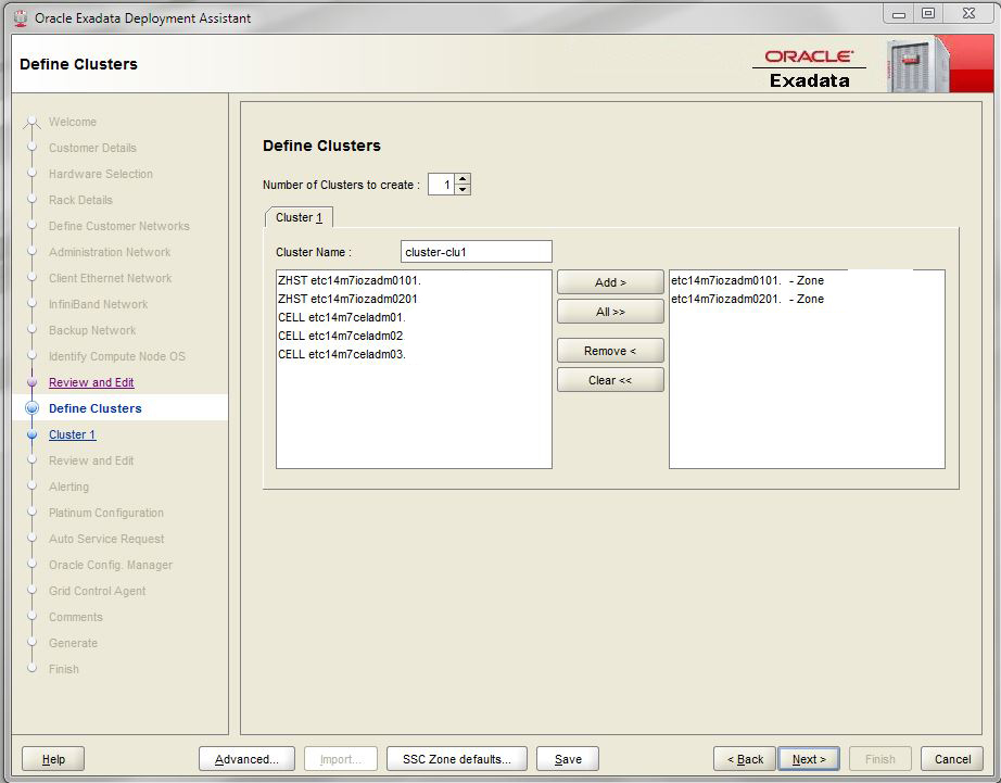 image:A screen shot showing the initial Define Clusters page.