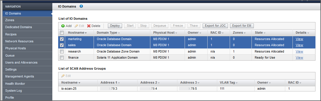 image:A screen shot showing the I/O Domains page.
