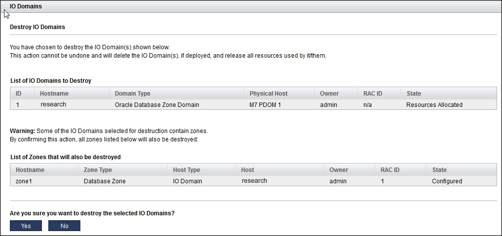 image:Screen shot showing the Destroy I/O Domains page with attached                             zones.