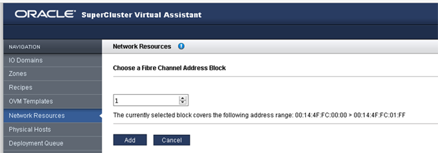 image:A screen shot showing the Add Fibre Channel address block page.