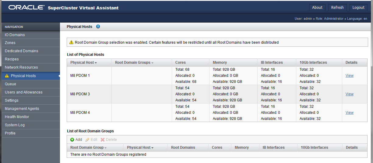 image:A screen shot showing the Physical Hosts page where root domain groups are configured.