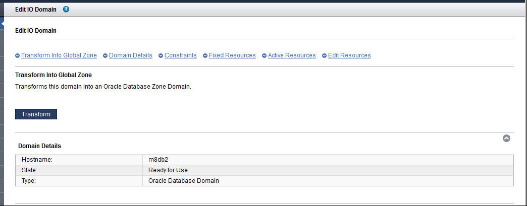 image:Screen shot of transforming a Database Domain into a Database Zone                             Domain.