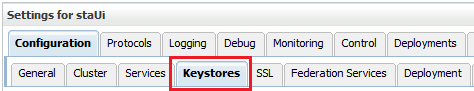 Muestra la ubicación de la ficha Keystores (Almacén de claves).