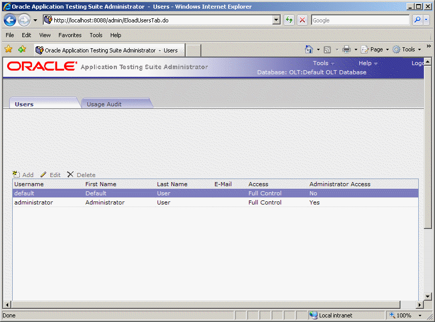 Users Tab for Oracle Load Testing Users