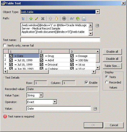 Table Test Properties Dialog Box with Captured Data