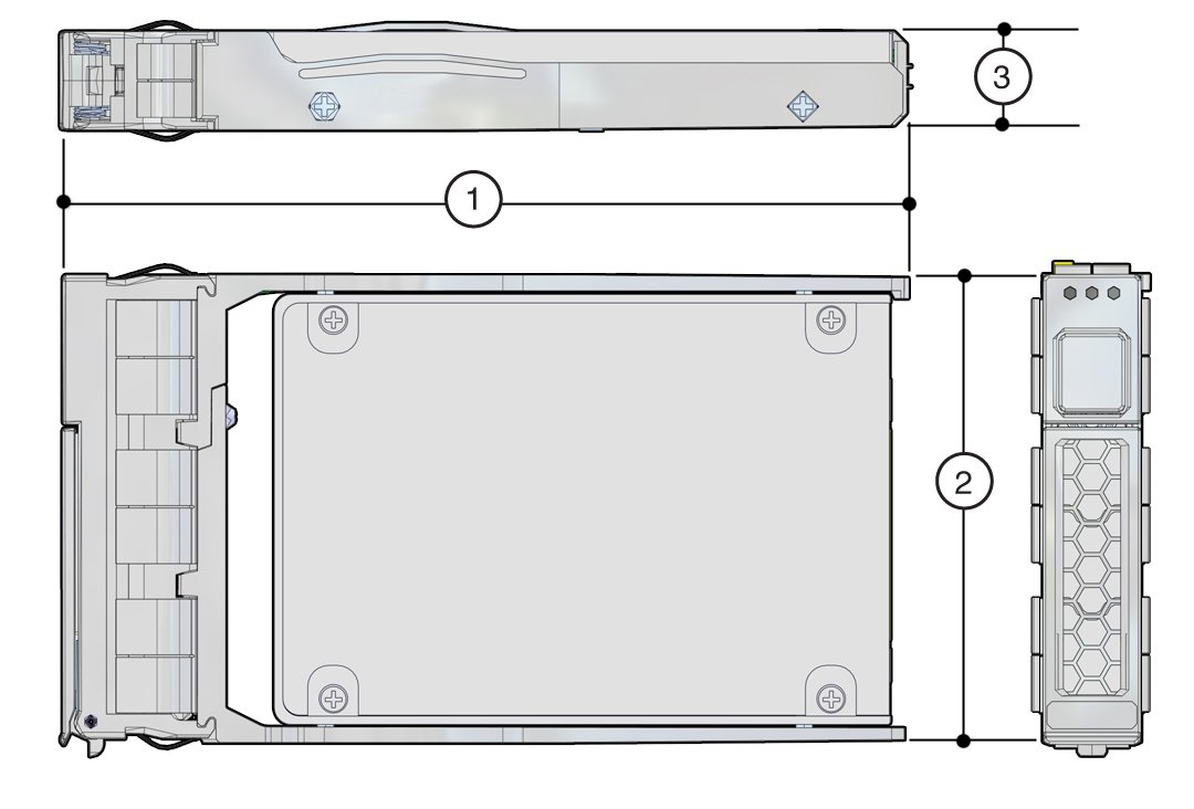 image:Oracle 1.6 TB NVMe SSD の物理的な寸法を示す図