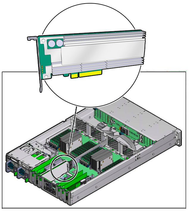 image:サンプルサーバーの Oracle Flash Accelerator F160 PCIe カードの位置の例を示す図