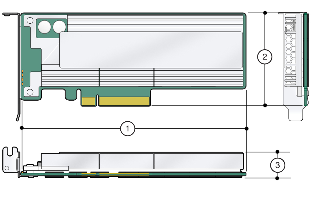 image:Oracle Flash Accelerator F160 PCIe カードの物理的な寸法を示す図