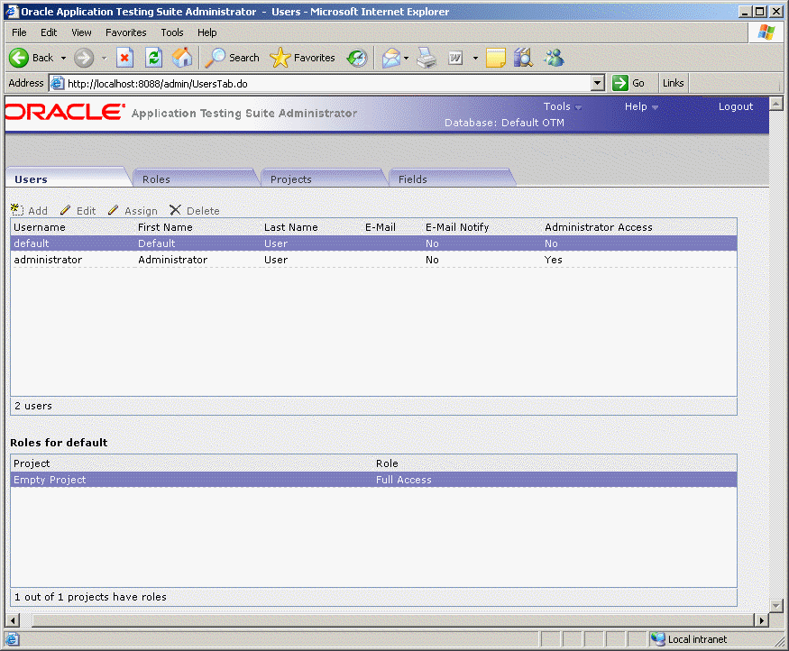 Oracle Application Testing Suite Administrator Main Window