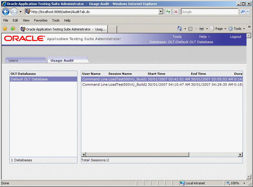 Usage Audit Tab for Oracle Load Testing Users
