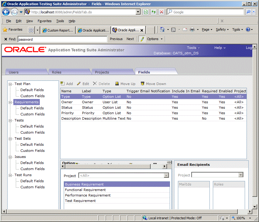 Fields Tab for Oracle Test Manager Users