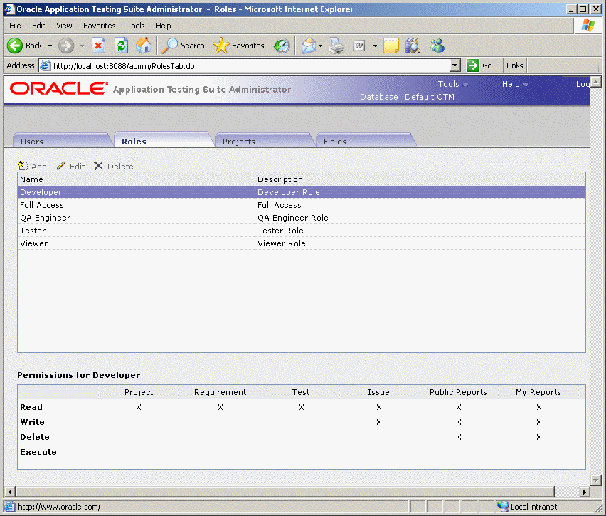 Roles Tab for Oracle Test Manager Users