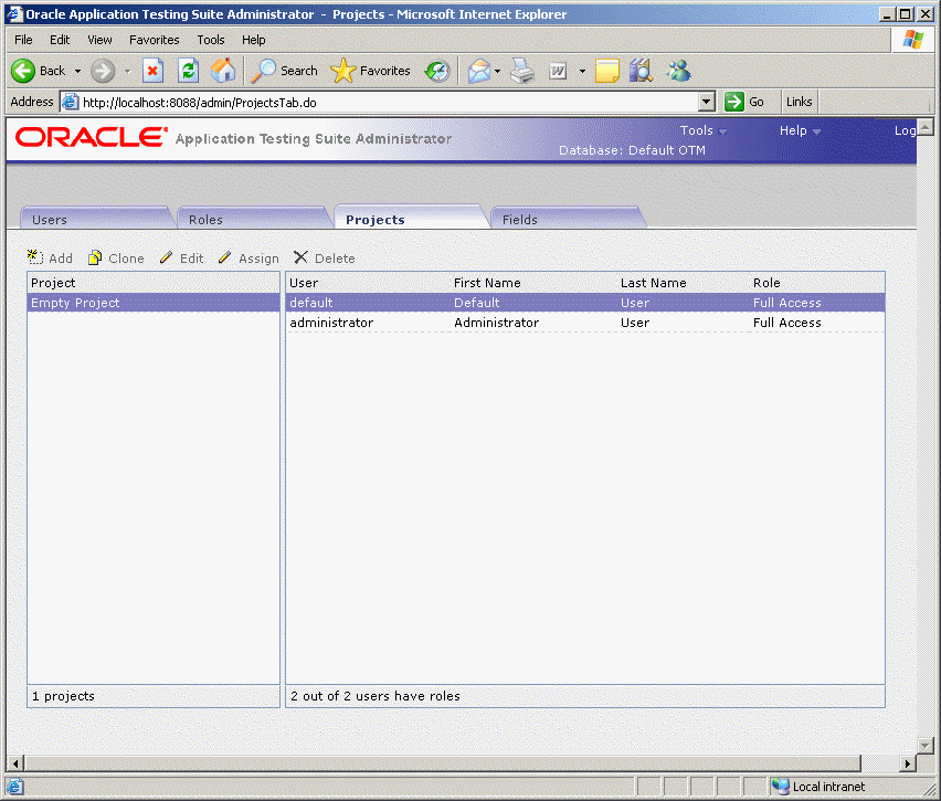 Projects Tab for Oracle Test Manager Users