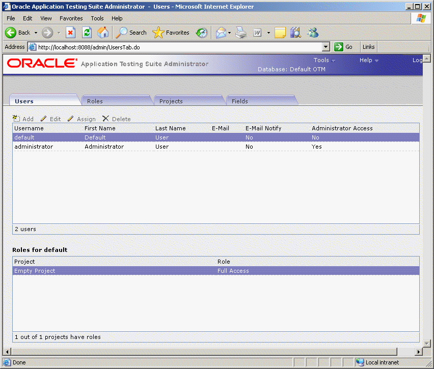 Users Tab for Oracle Test Manager Users