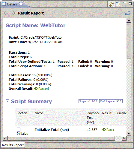 Results Report in the Details View