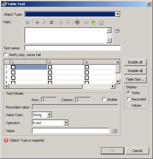 Table Test Properties Dialog Box