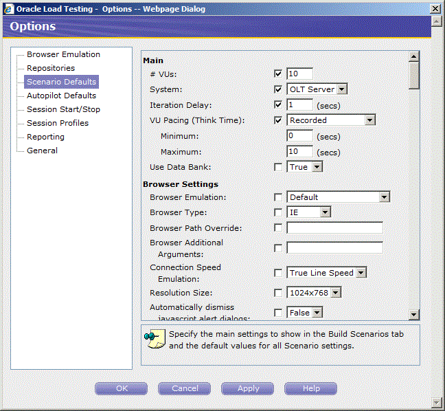 Scenario Defaults Options dialog box