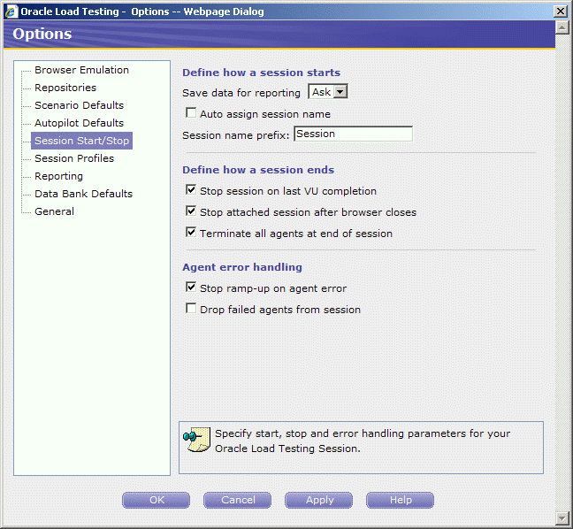 Session Start/Stop Options dialog box Session Start/Stop Options dialog box